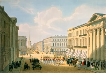 Poliisisilta ja Nevski-katu Pietarissa, painatus Lemercier, Pariisi, 1840-luku